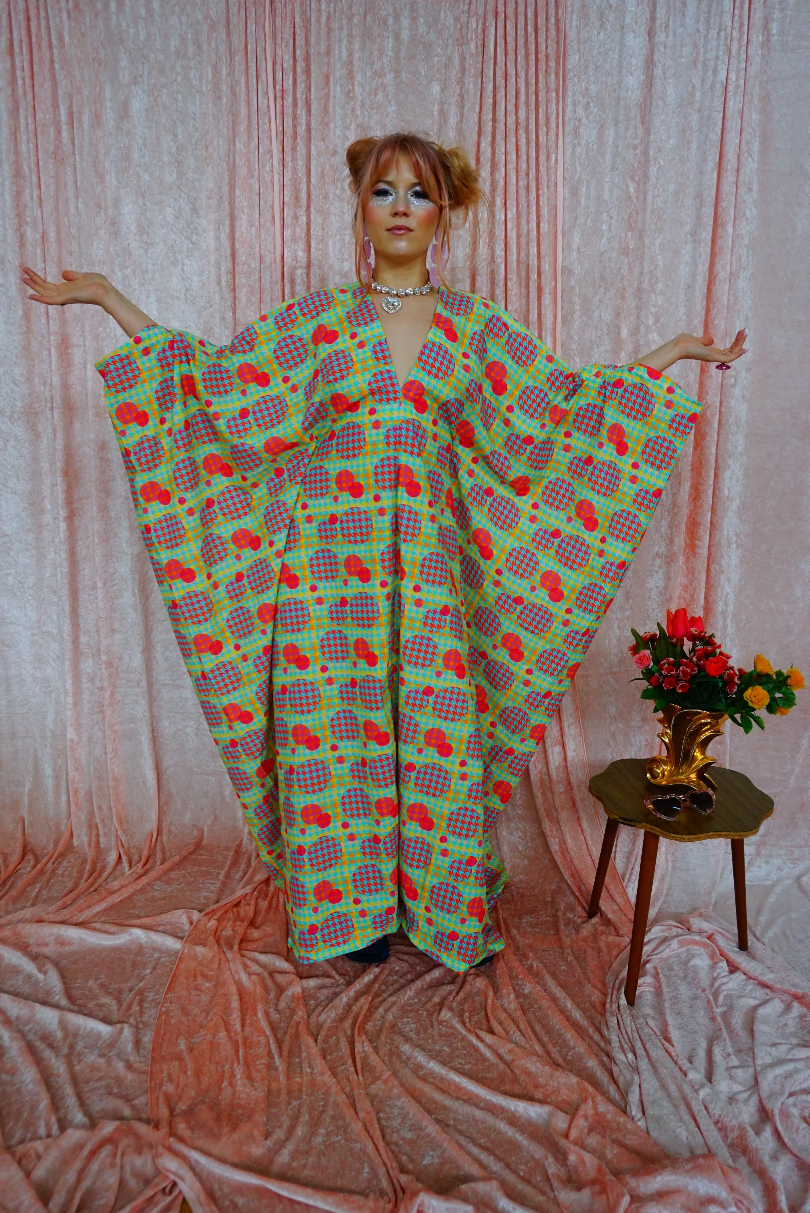 Green, Pink, Yellow, and Blue Patterned V-Neck Kaftan Gown