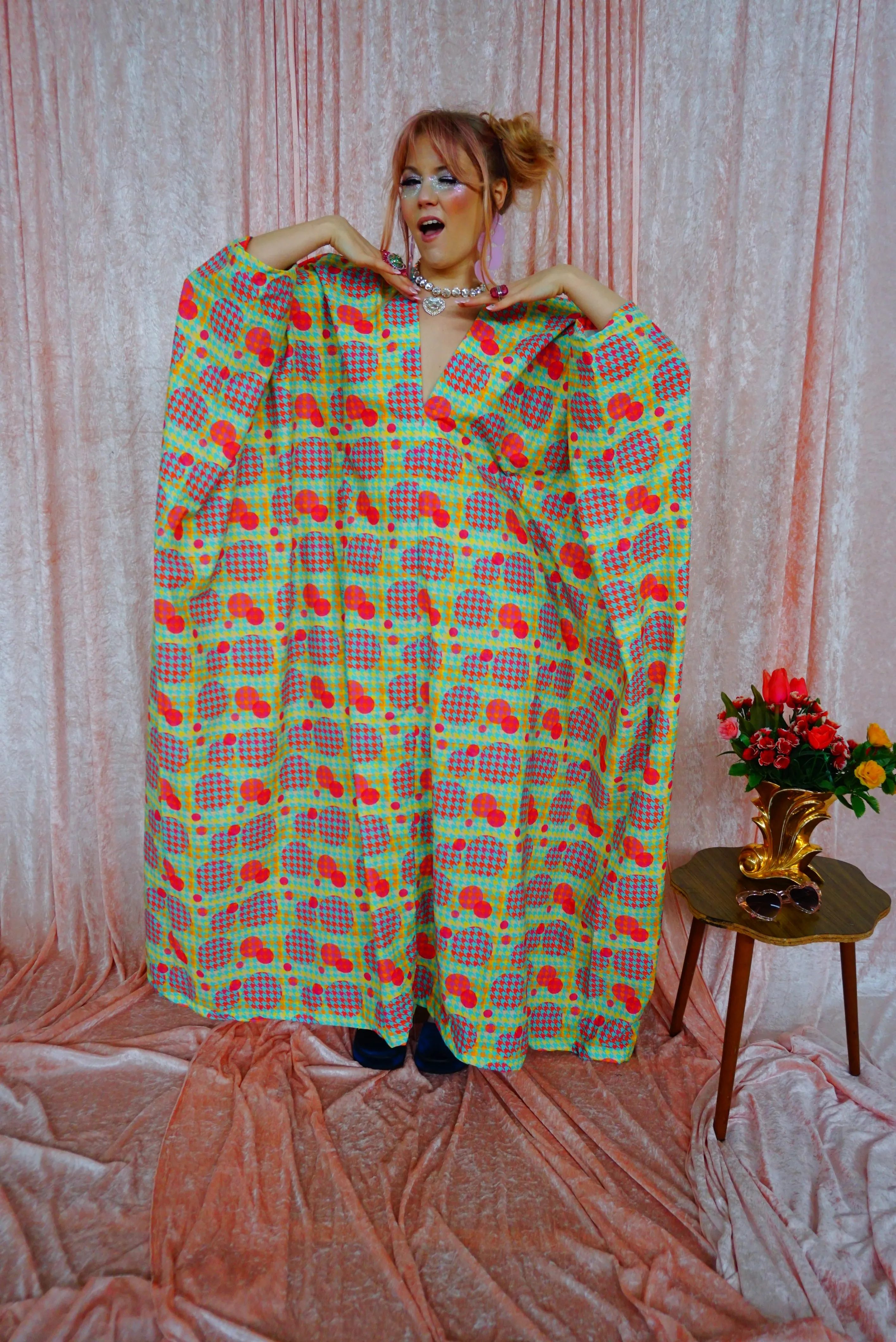Green, Pink, Yellow, and Blue Patterned V-Neck Kaftan Gown