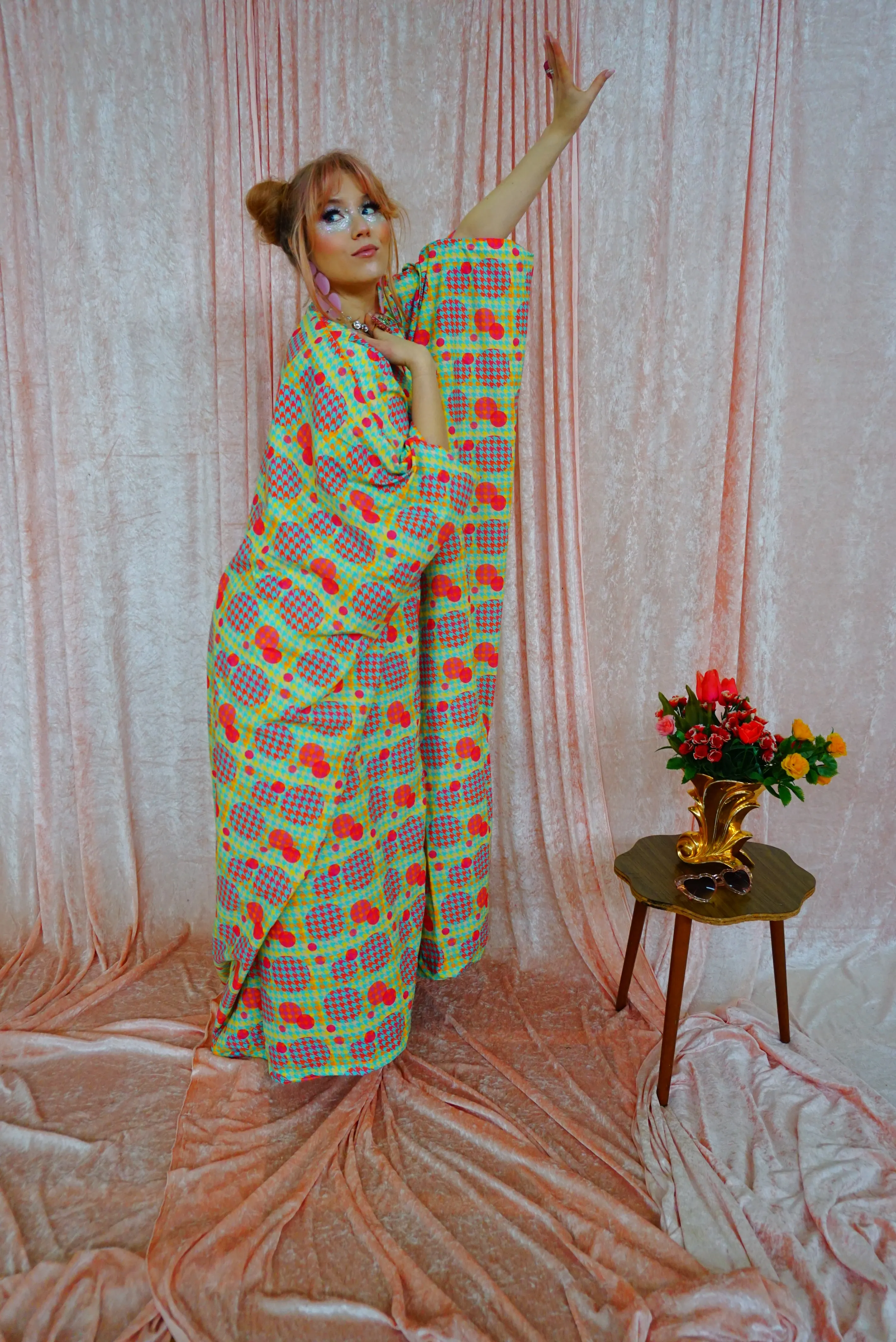 Green, Pink, Yellow, and Blue Patterned V-Neck Kaftan Gown