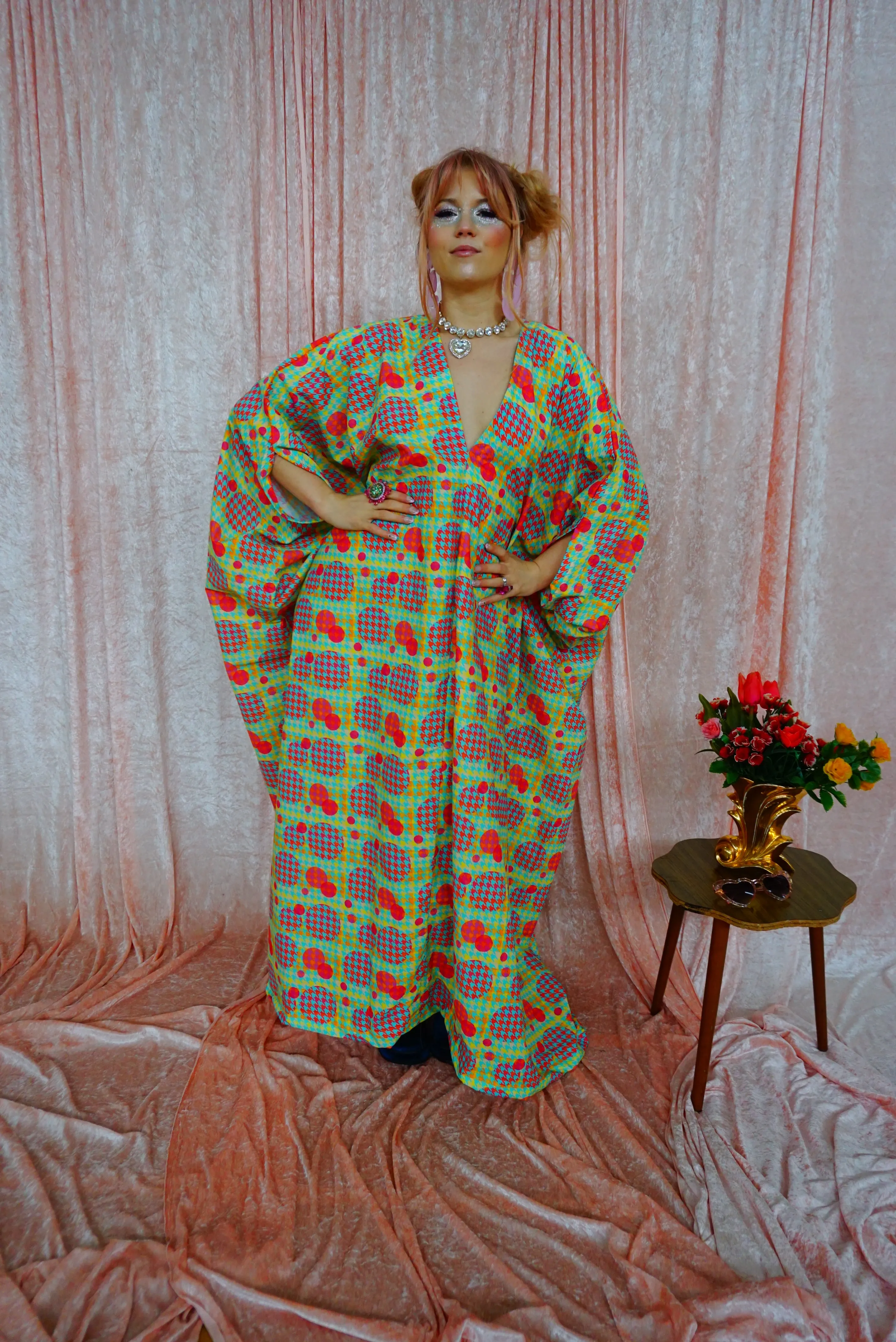 Green, Pink, Yellow, and Blue Patterned V-Neck Kaftan Gown