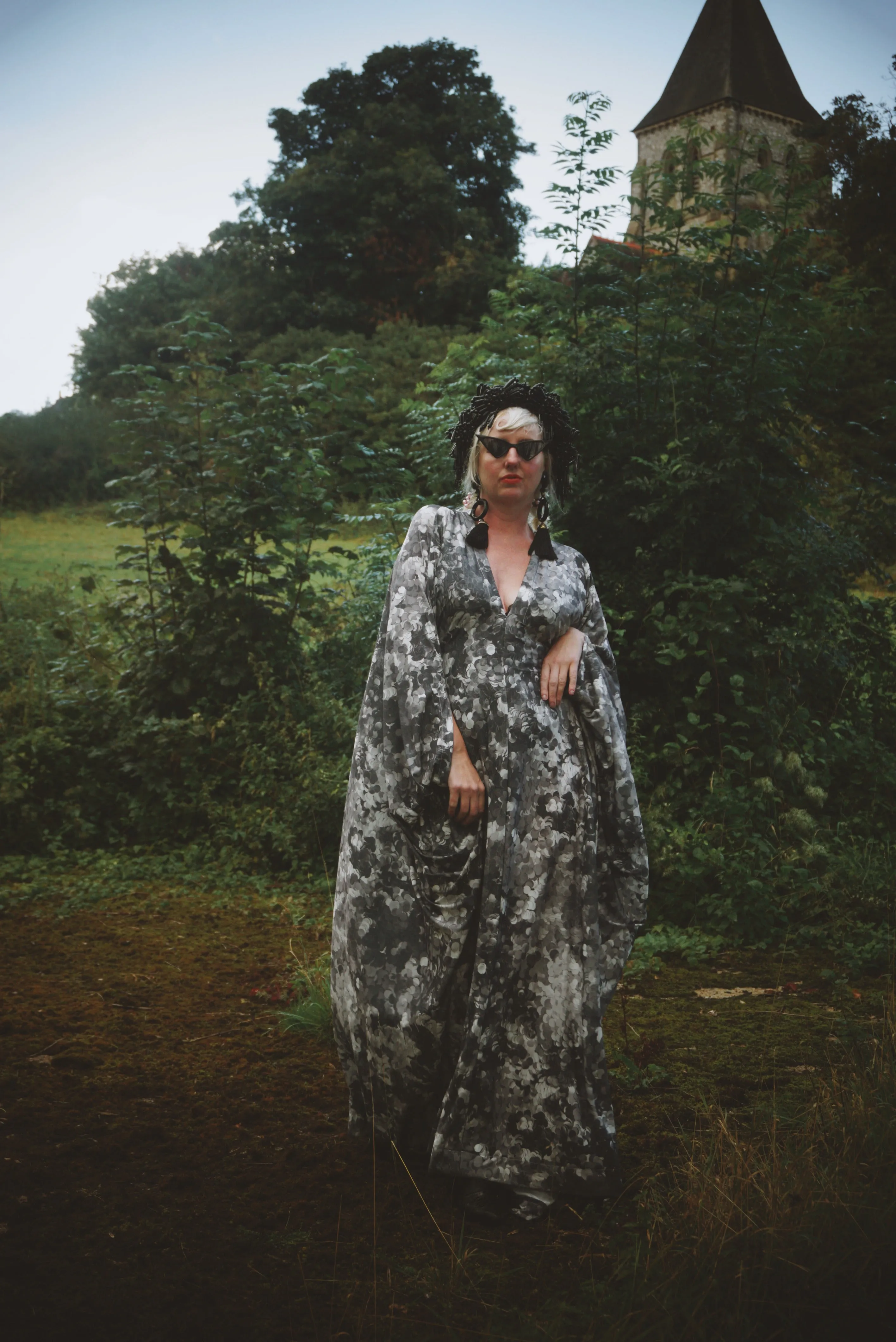 Grey sequin disc print Jersey V-neck Kaftan Gown