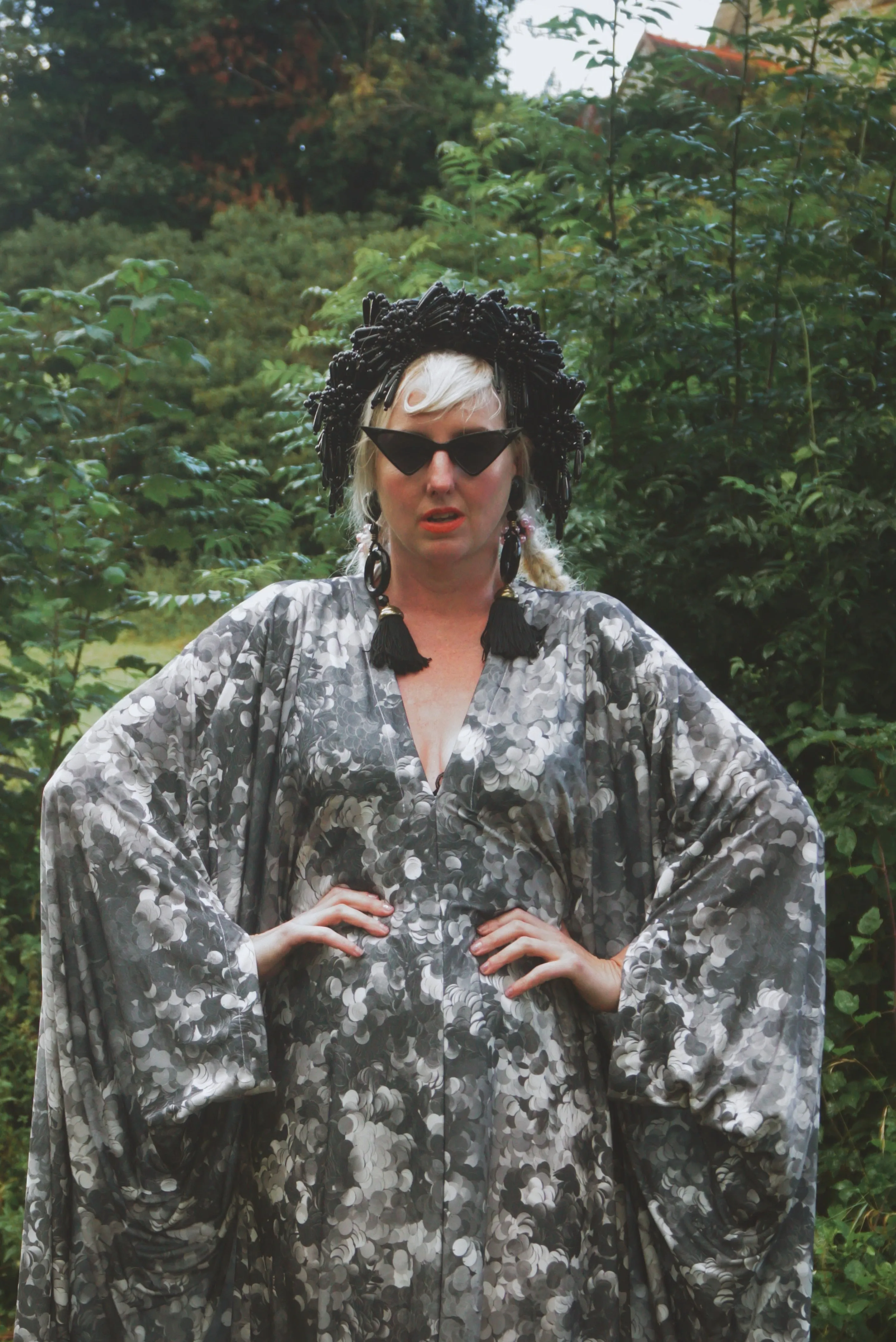 Grey sequin disc print Jersey V-neck Kaftan Gown