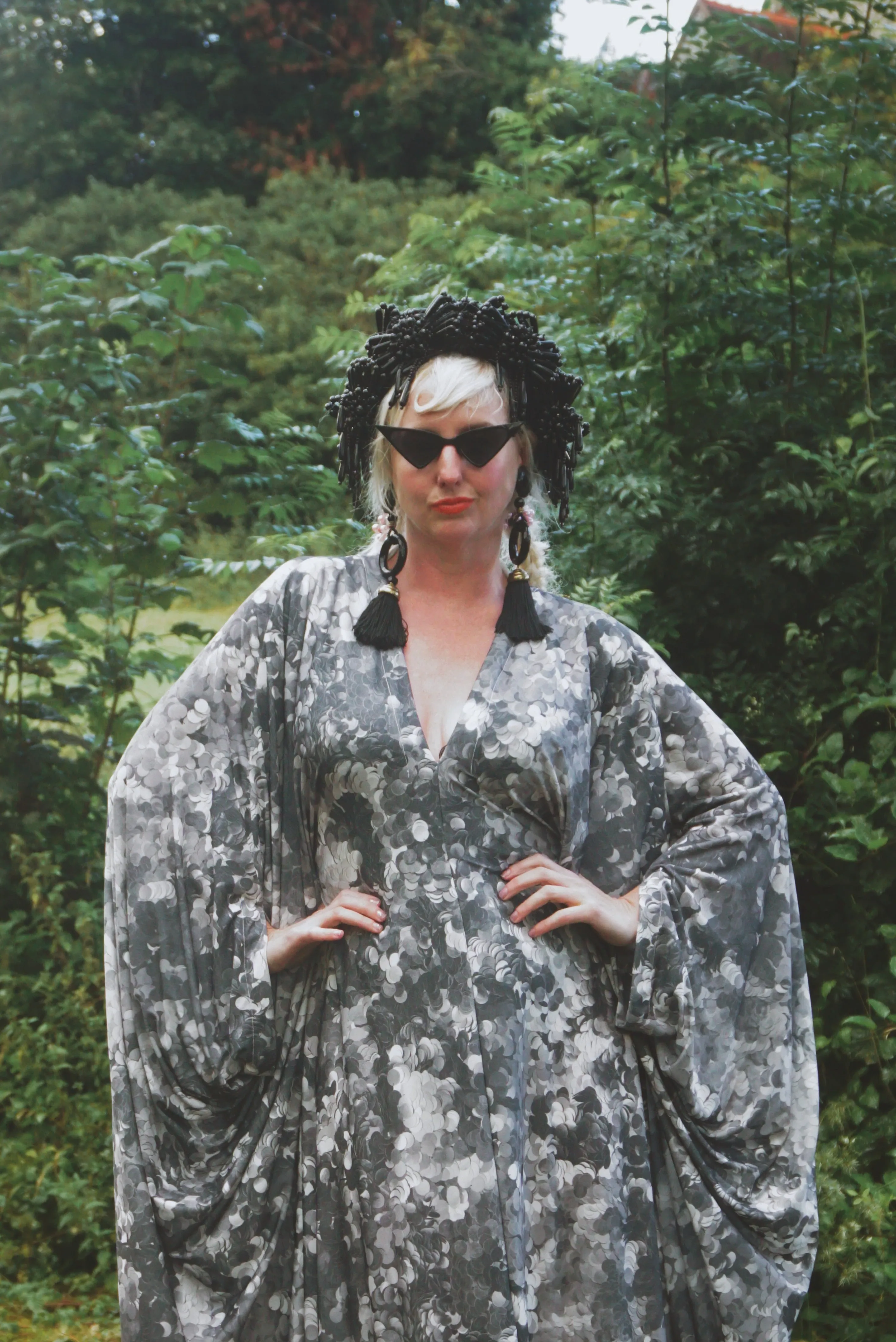Grey sequin disc print Jersey V-neck Kaftan Gown