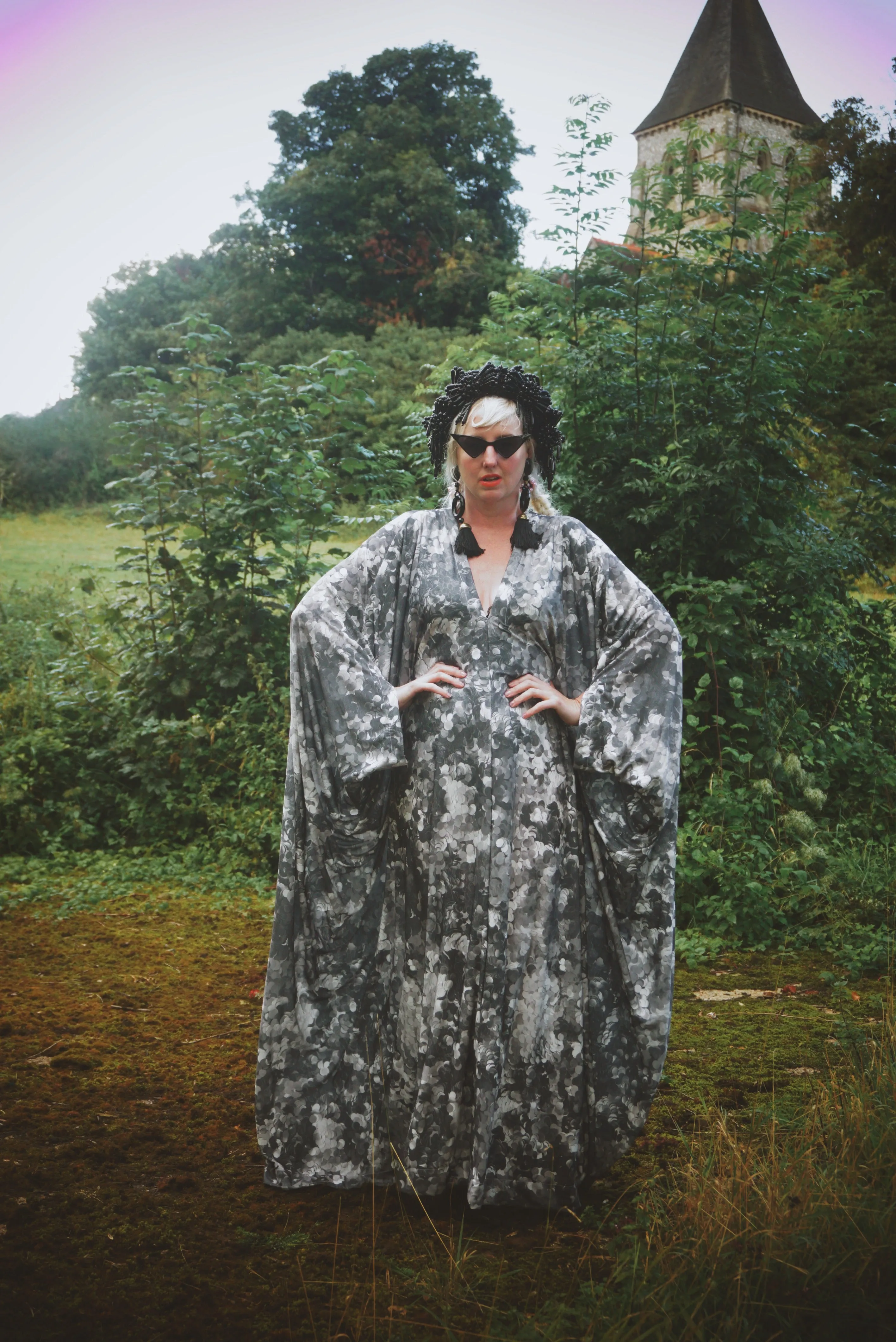 Grey sequin disc print Jersey V-neck Kaftan Gown