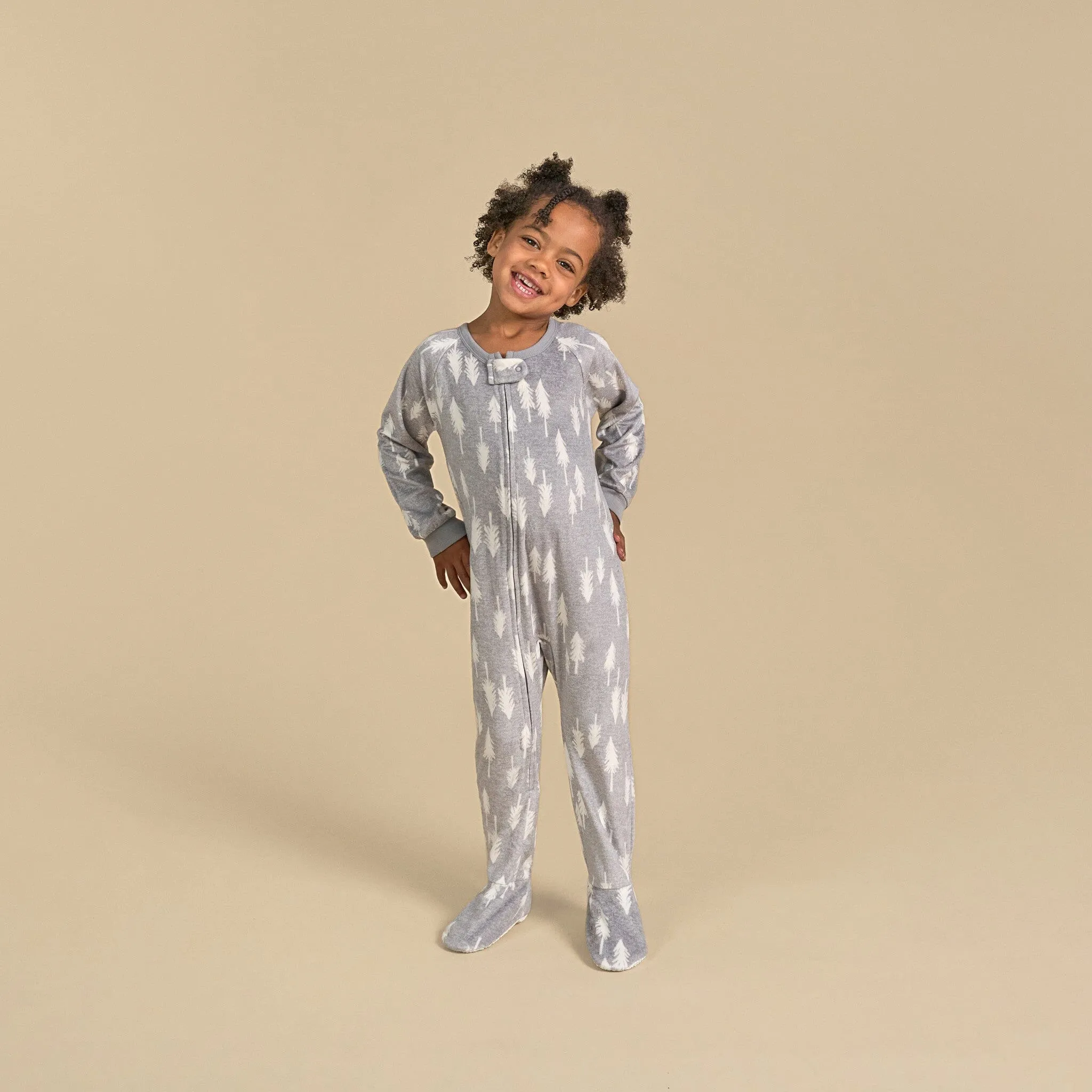 Infant and Toddler Neutral Grey Heather Trees Footed Fleece Pajamas
