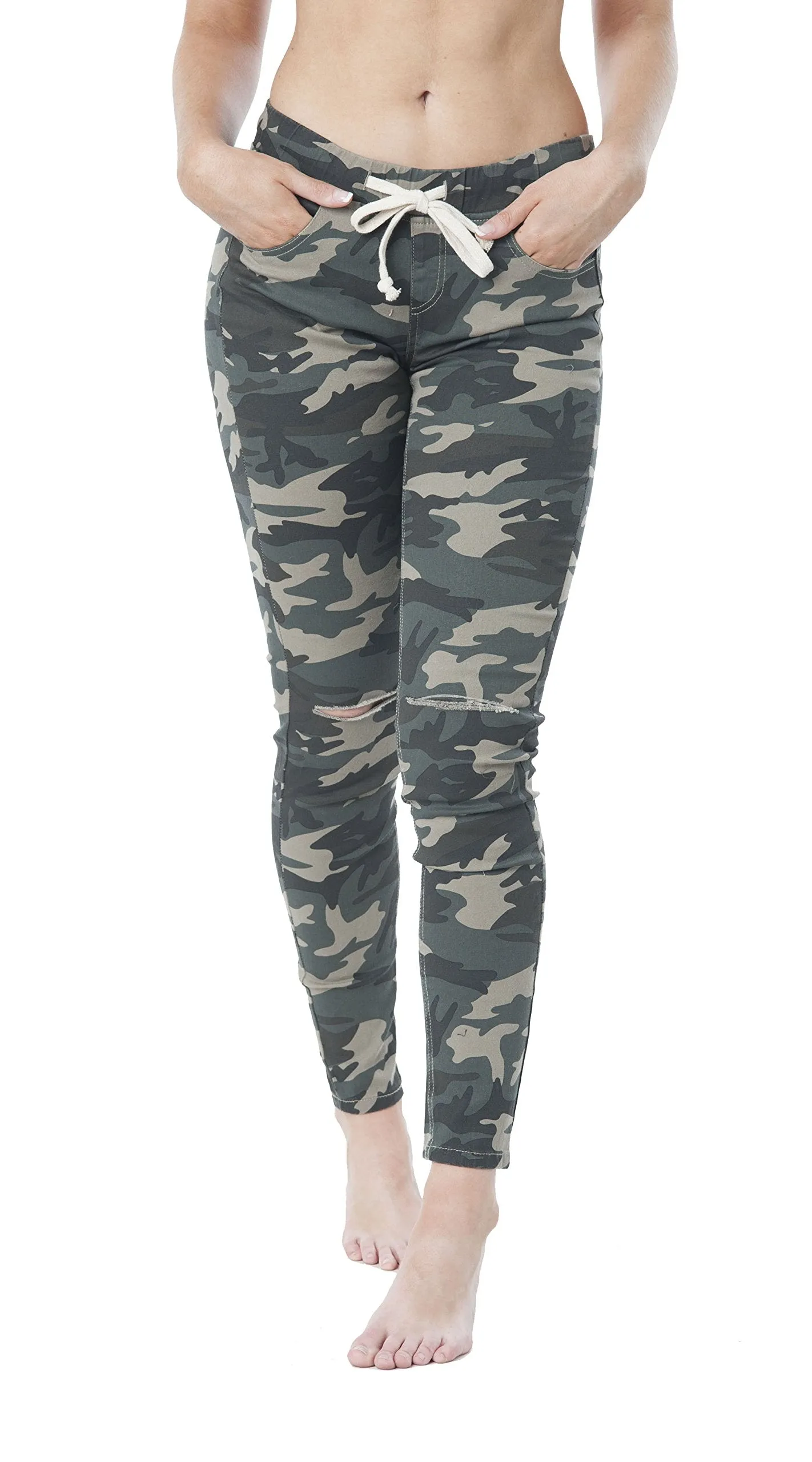 Khanomak Waist Drawstring Knee Slit Twill Skinny Pants