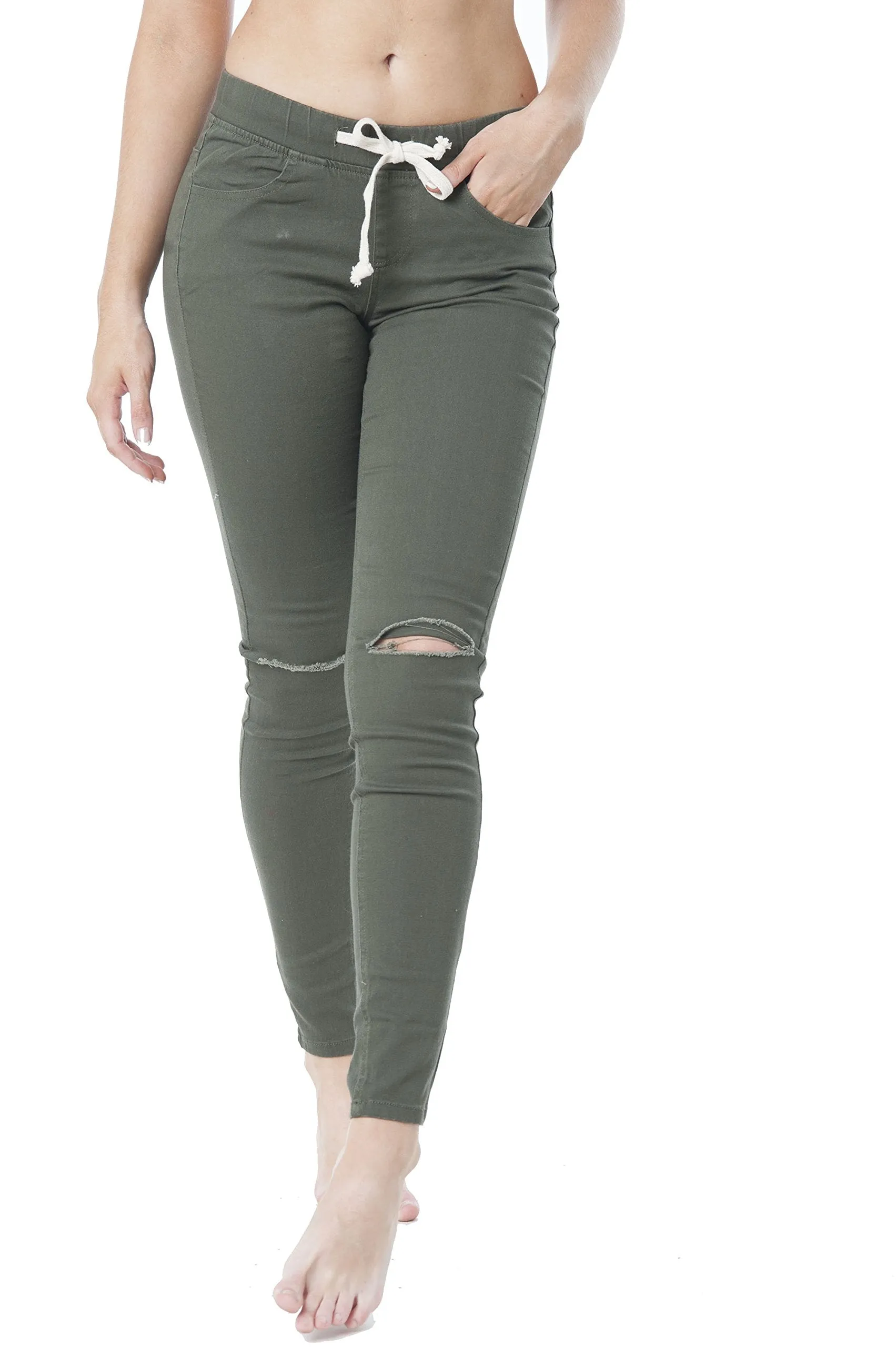 Khanomak Waist Drawstring Knee Slit Twill Skinny Pants