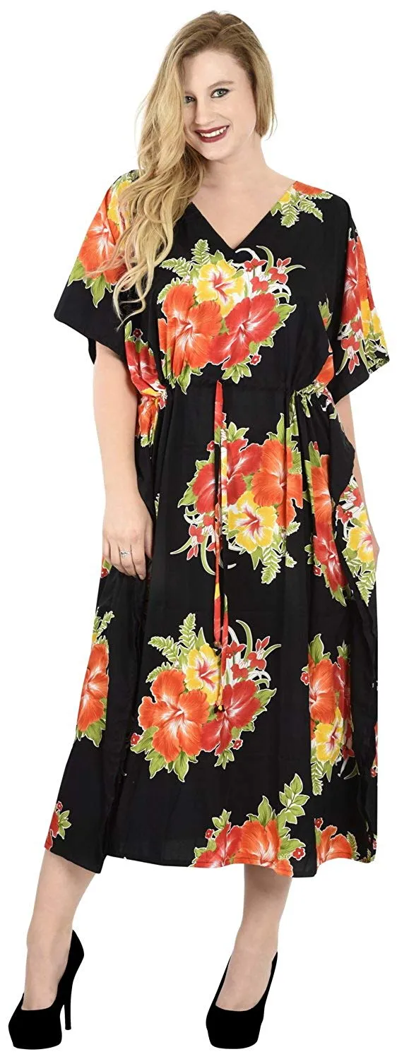 La Leela Soft Likre Kimono Hibiscus Beach Casual Nightwear Long Caftan Dress
