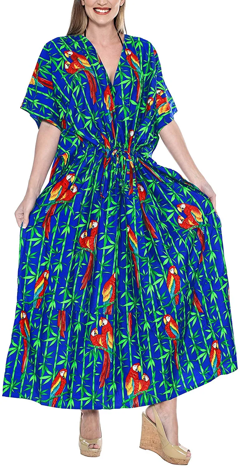 La Leela Soft Likre Kimono Hibiscus Beach Casual Nightwear Long Caftan Dress