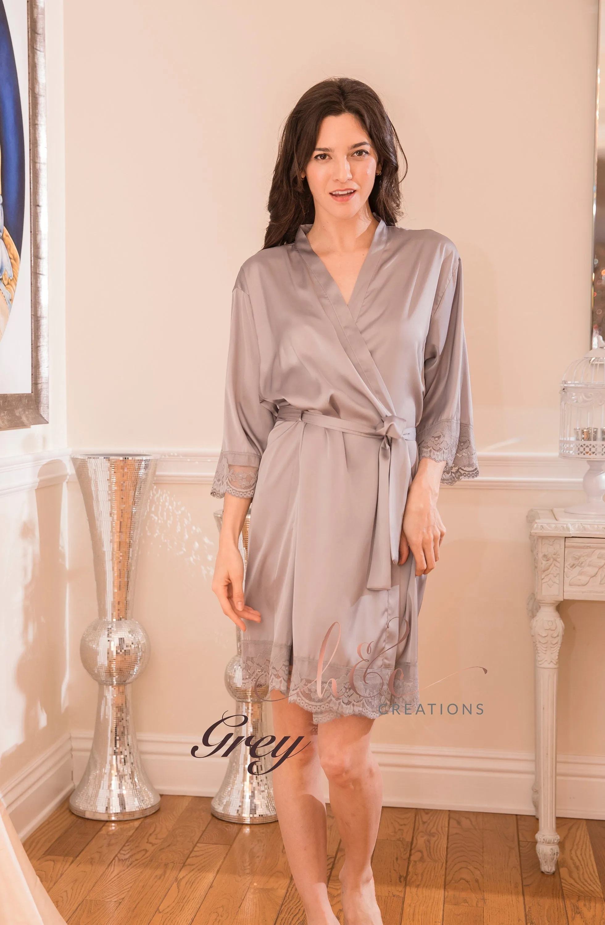 Lace silk bridal robes, bridal robe, satin bridesmaid robe with lace arms and bottom, maid of honor robe,