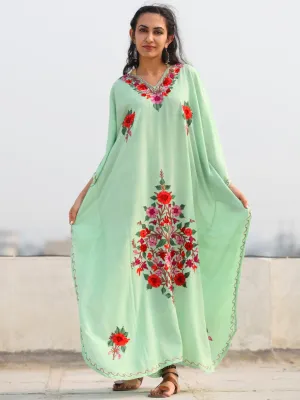 Light Green Multicolor Aari Embroidered Kashmere Free Size Kaftan in Crushed Cotton - K11K076