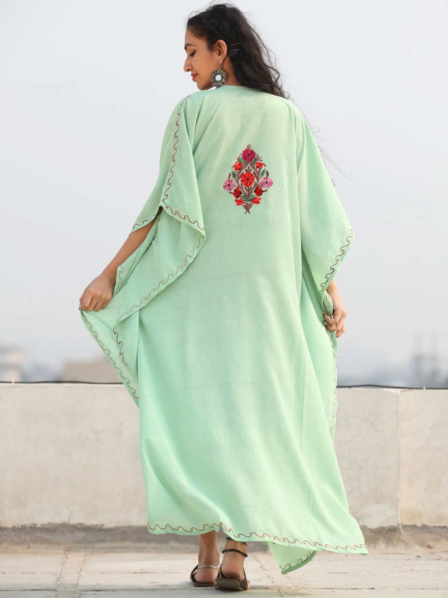 Light Green Multicolor Aari Embroidered Kashmere Free Size Kaftan in Crushed Cotton - K11K076