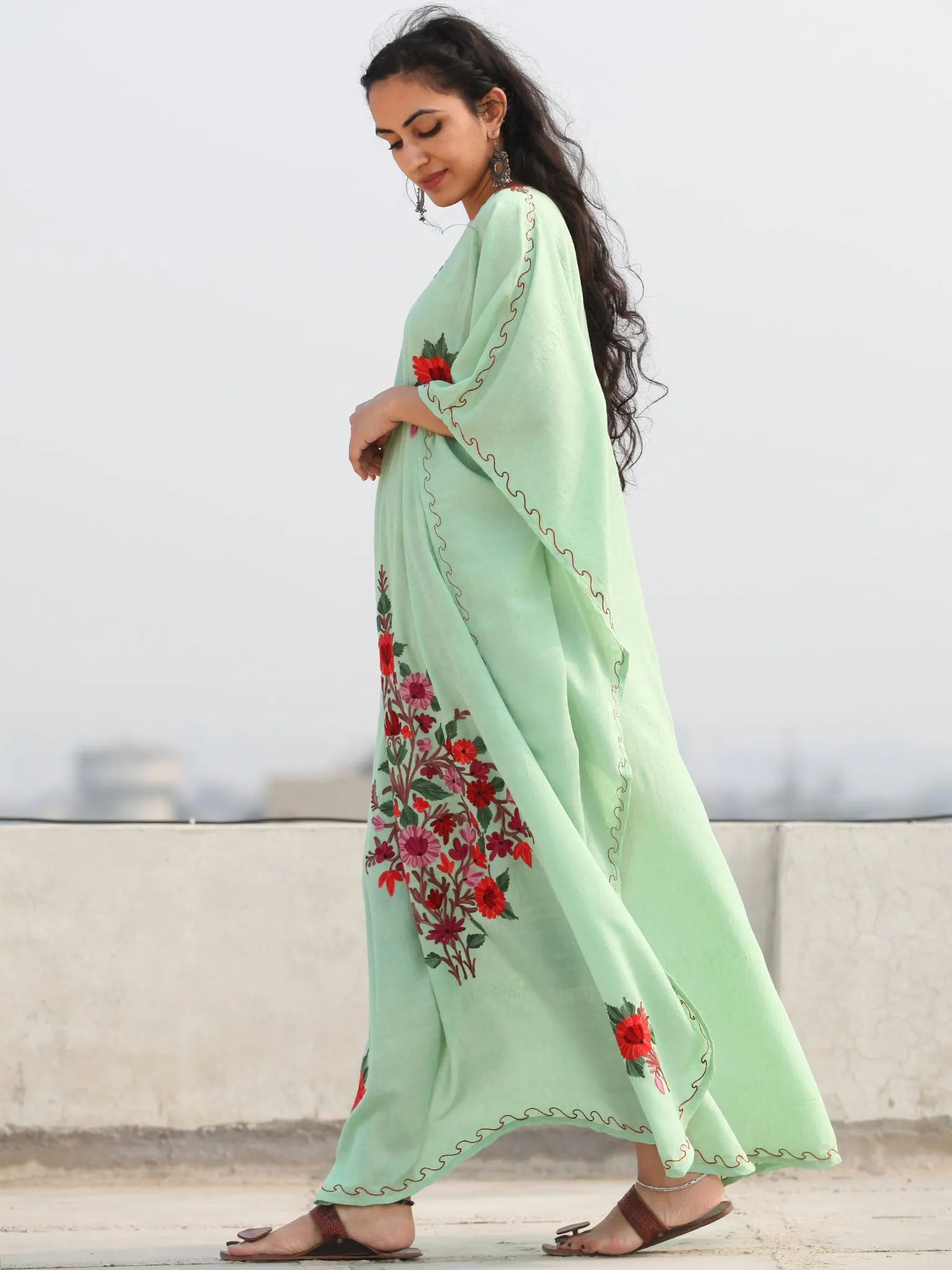 Light Green Multicolor Aari Embroidered Kashmere Free Size Kaftan in Crushed Cotton - K11K076