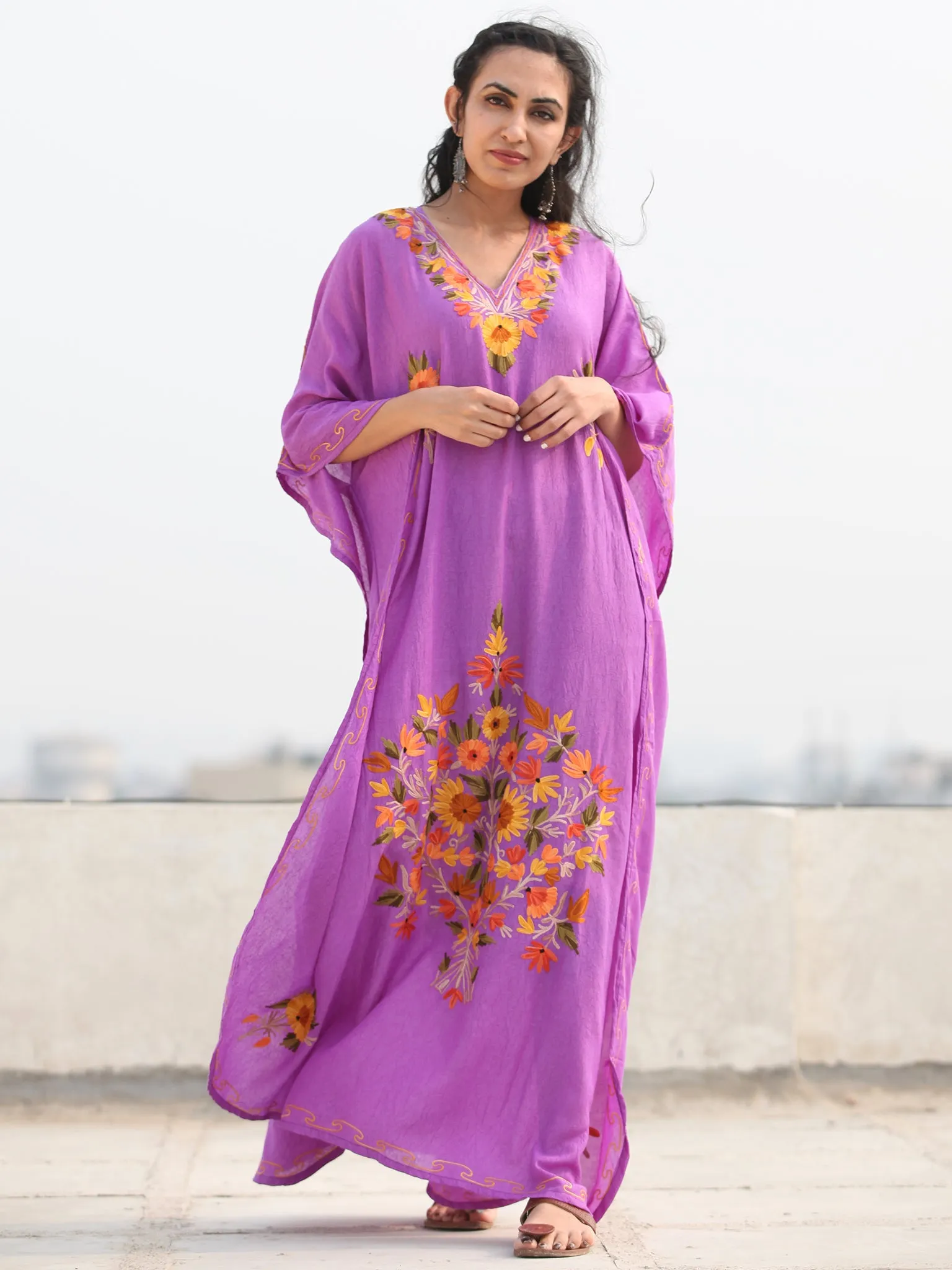 Mauve Multicolor Aari Embroidered Kashmere Free Size Kaftan in Crushed Cotton - K11K075