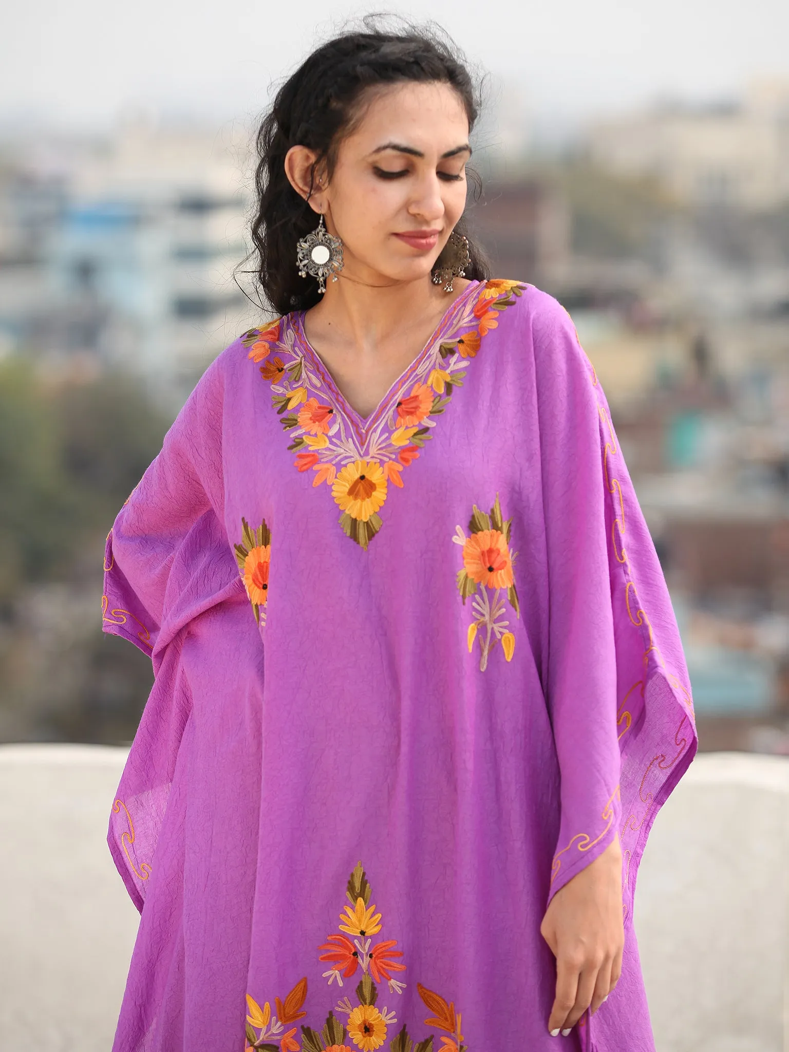 Mauve Multicolor Aari Embroidered Kashmere Free Size Kaftan in Crushed Cotton - K11K075