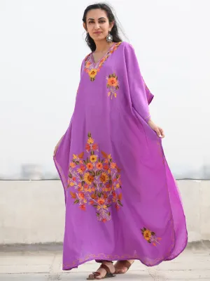 Mauve Multicolor Aari Embroidered Kashmere Free Size Kaftan in Crushed Cotton - K11K075