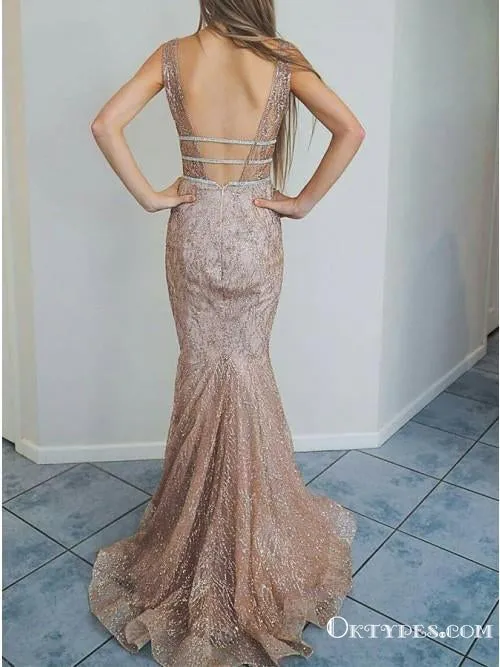 Mermaid V-Neck Backless Champagne Glitter Evening Prom Dresses, TYP1930