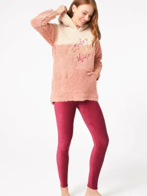 nil Women’s Fleece Chest Embroidery Hooded Long Sleeve Sweatshirt & Striped Velvet Pants Set
