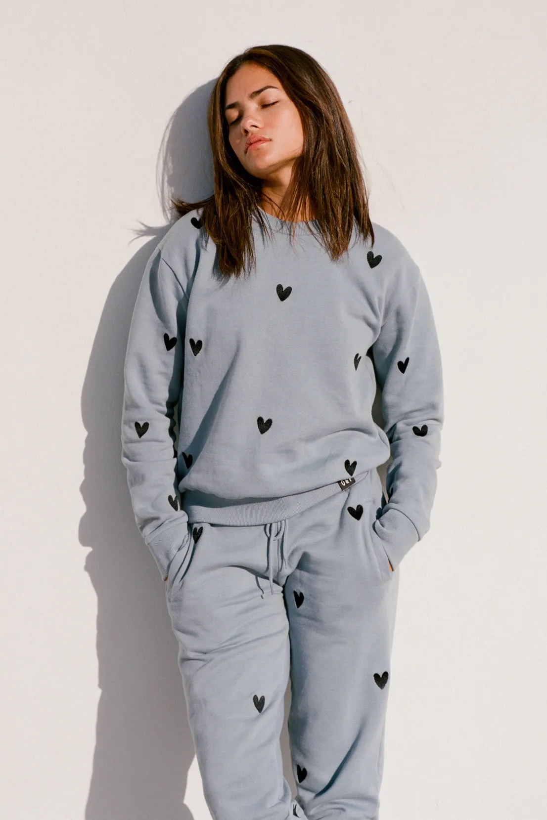 O&F Heart Embroidered Joggers - Blue/Grey