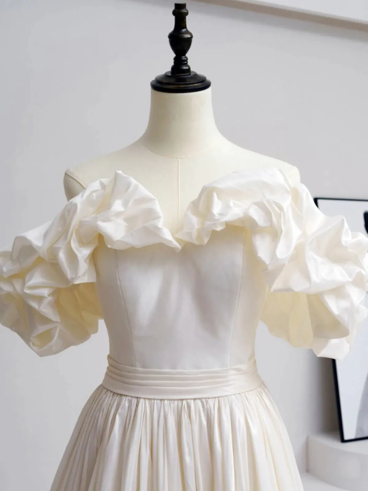 Off the Shoulder Ivory Taffeta Prom Dresses, Ivory Long Formal Evening Dresses