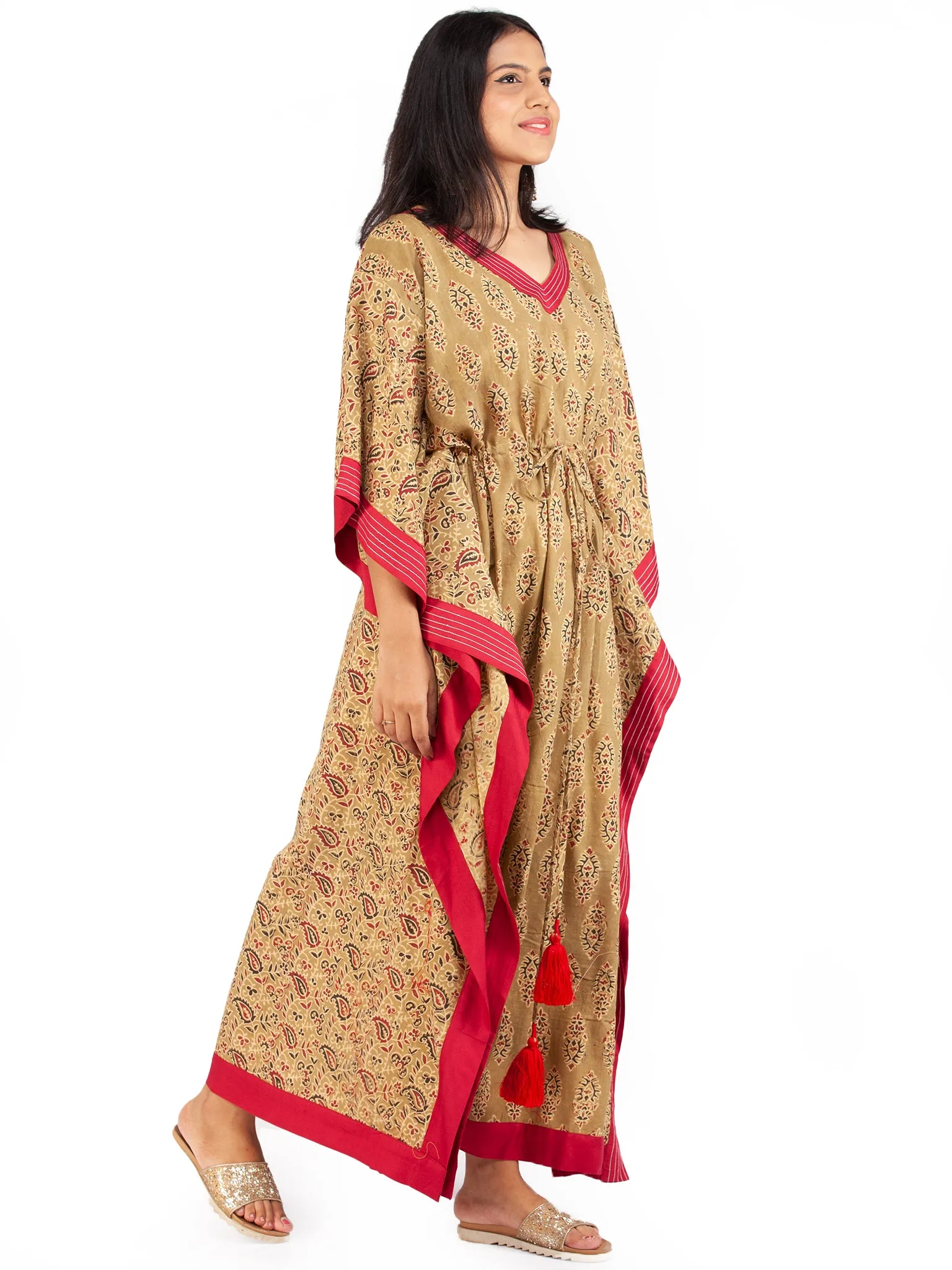 Olive Green Red Black Ajrakh Hand Block Printed Kaftan - K1471F1609