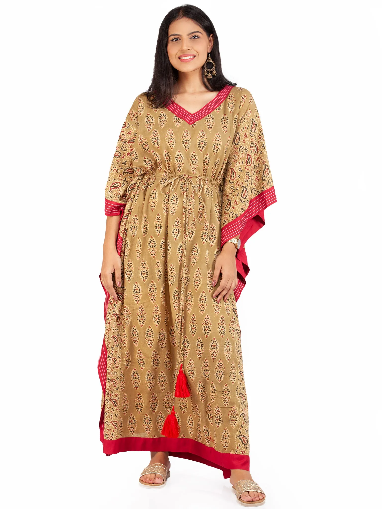 Olive Green Red Black Ajrakh Hand Block Printed Kaftan - K1471F1609