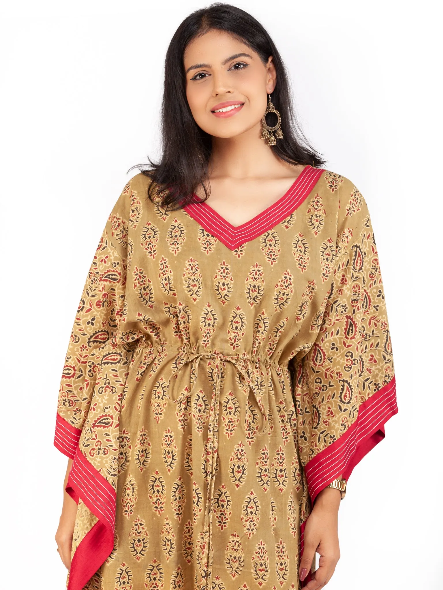 Olive Green Red Black Ajrakh Hand Block Printed Kaftan - K1471F1609