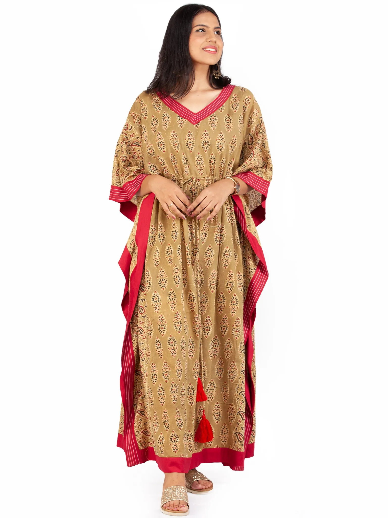 Olive Green Red Black Ajrakh Hand Block Printed Kaftan - K1471F1609