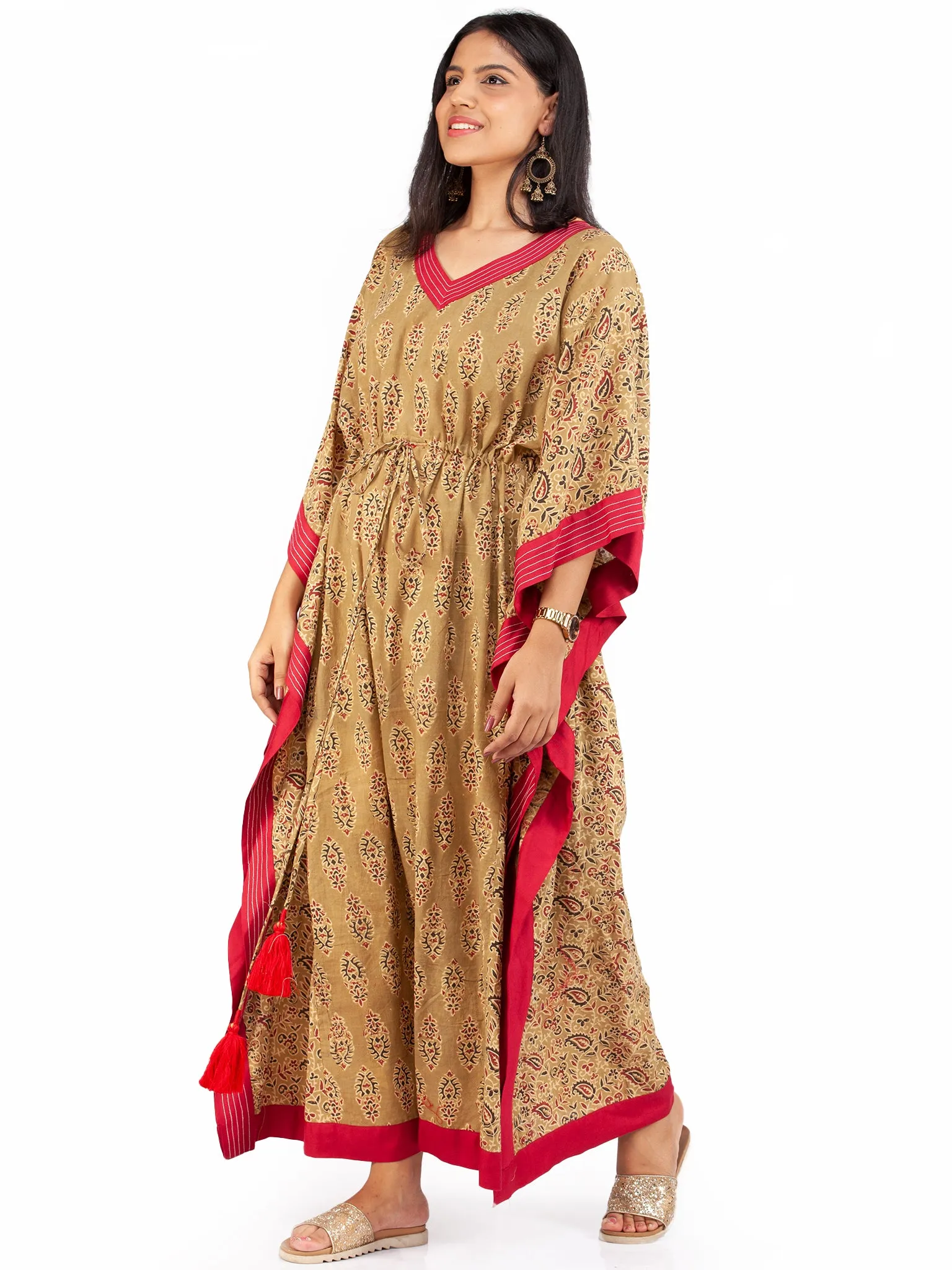 Olive Green Red Black Ajrakh Hand Block Printed Kaftan - K1471F1609