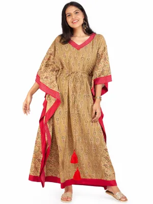 Olive Green Red Black Ajrakh Hand Block Printed Kaftan - K1471F1609