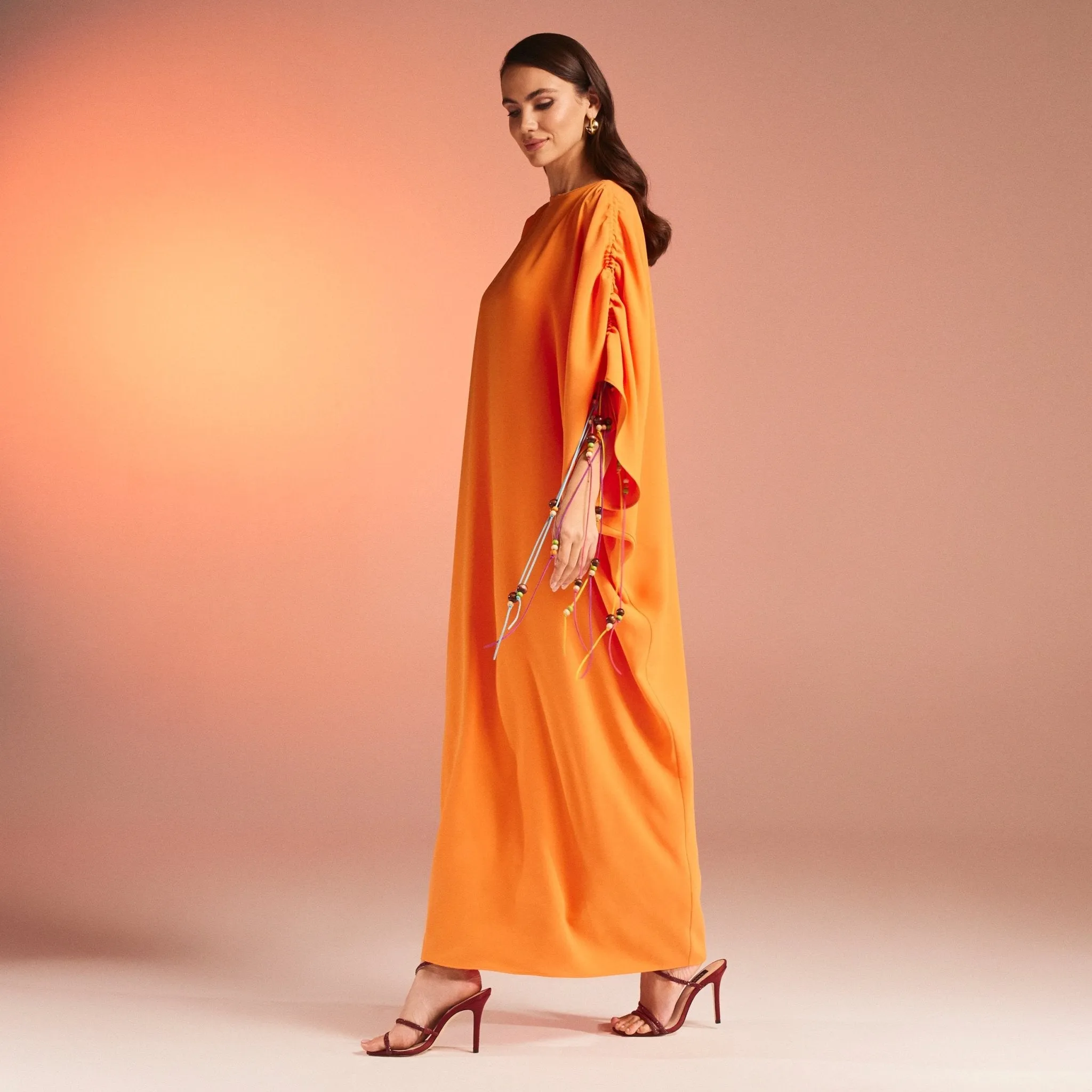 Orange Long Sleeve Crepe Kaftan