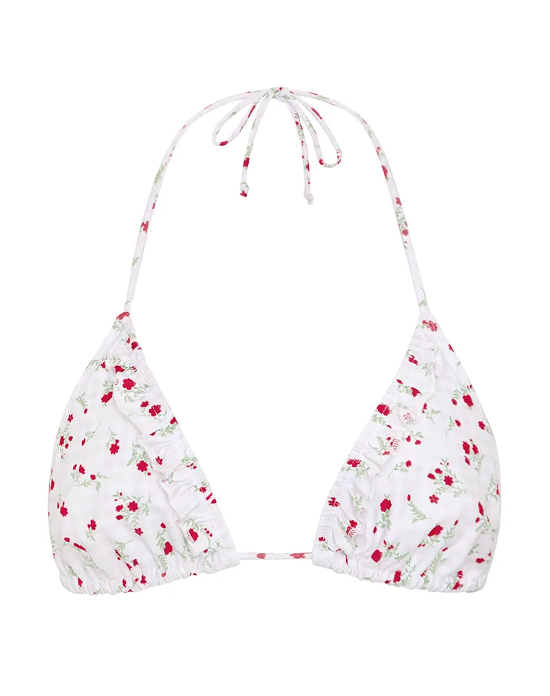 Pami Bikini Top in Red Floral Beige Gingham with Ruffle