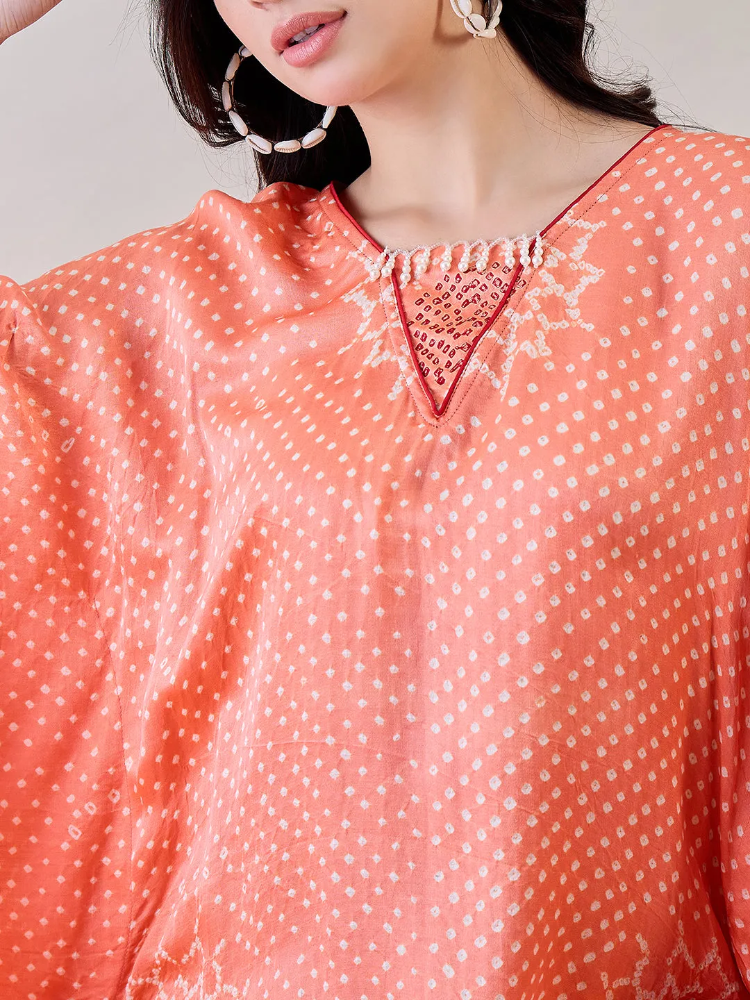 Peach Pure Silk Bandhani Kaftan with Pearl Lace