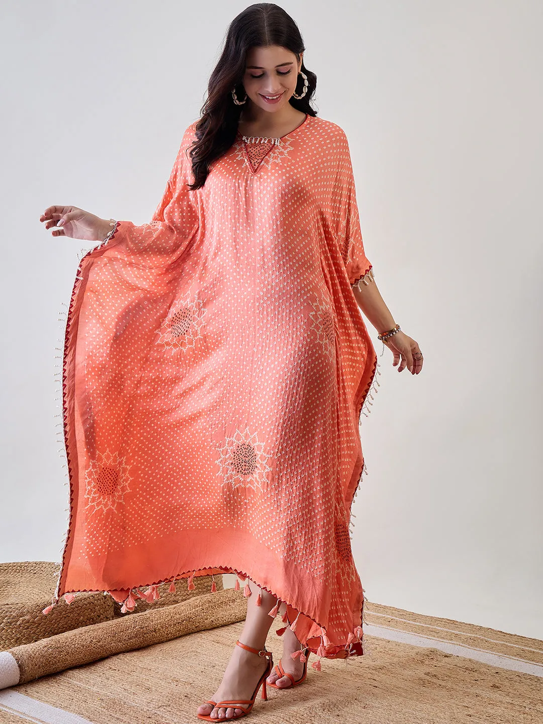 Peach Pure Silk Bandhani Kaftan with Pearl Lace