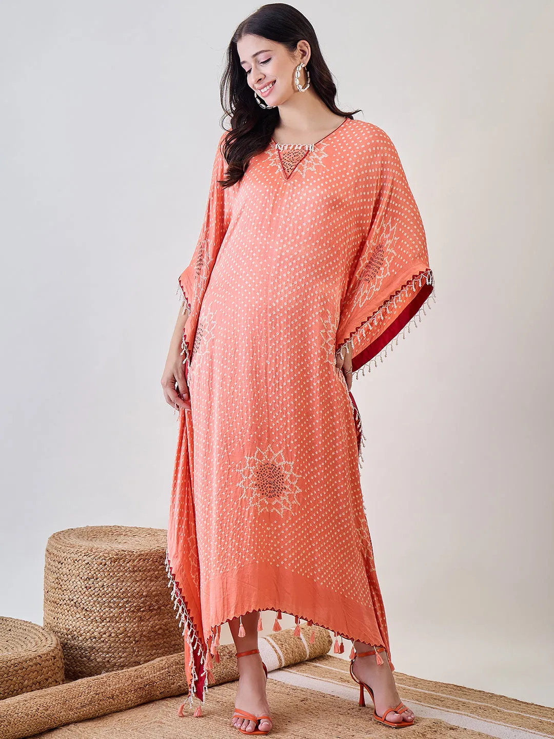 Peach Pure Silk Bandhani Kaftan with Pearl Lace