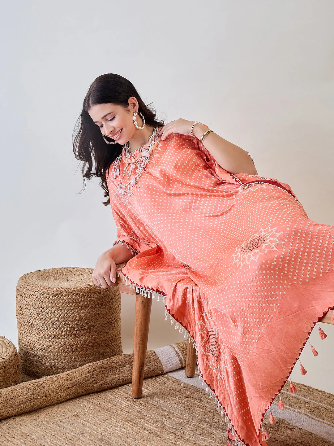 Peach Pure Silk Bandhani Kaftan with Pearl Lace