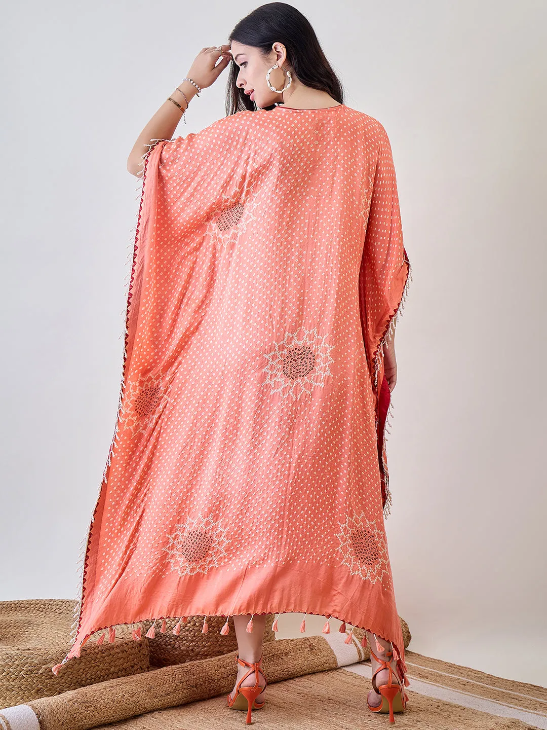 Peach Pure Silk Bandhani Kaftan with Pearl Lace