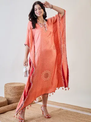 Peach Pure Silk Bandhani Kaftan with Pearl Lace