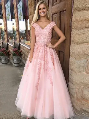 Pink A-Line V-neck Formal Tulle Long Prom Dresses With Applique, TYP1451