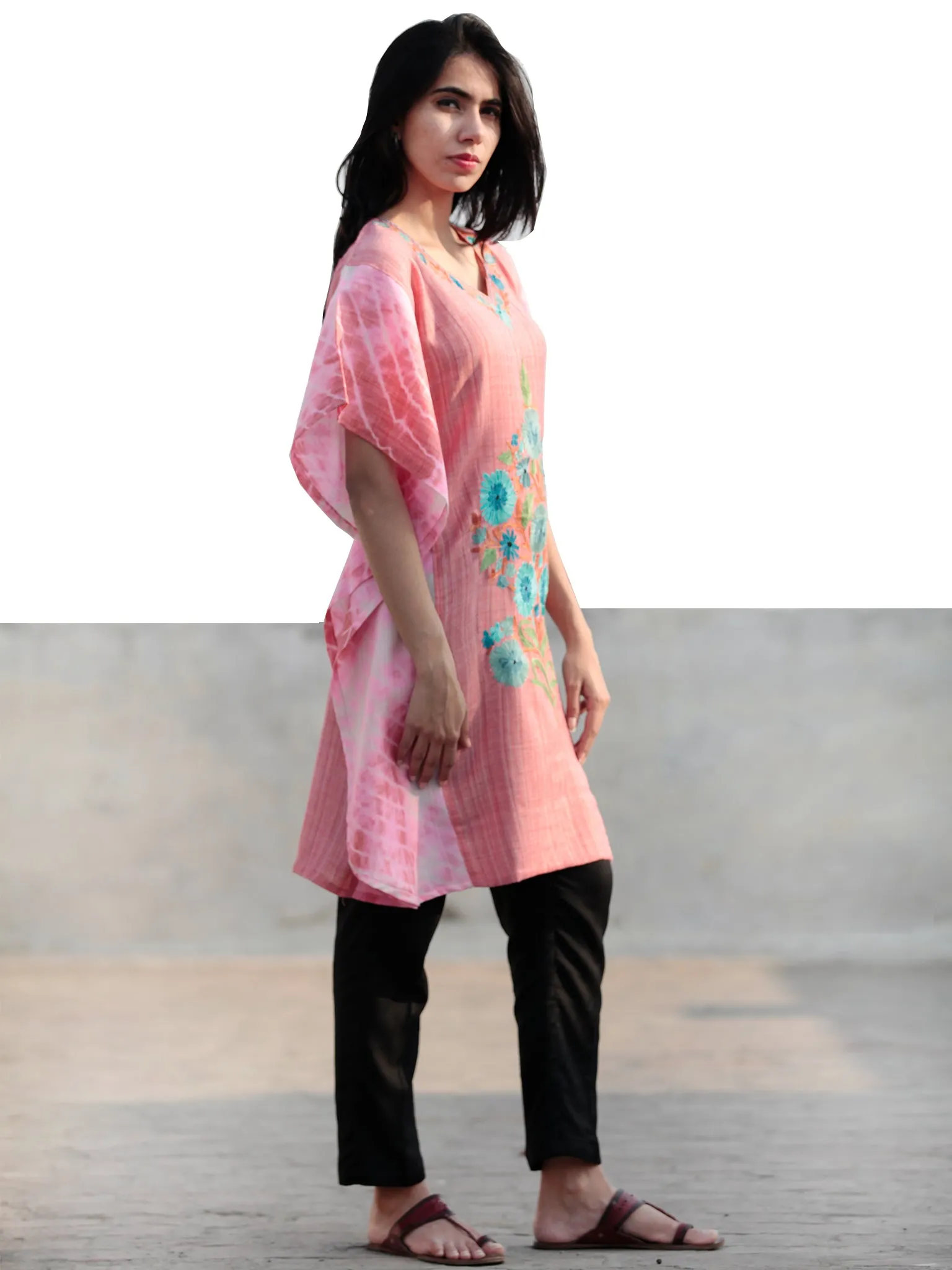 Pink Blue Green Rust Aari Embroidered Short Kashmere Kaftan  - K11K030