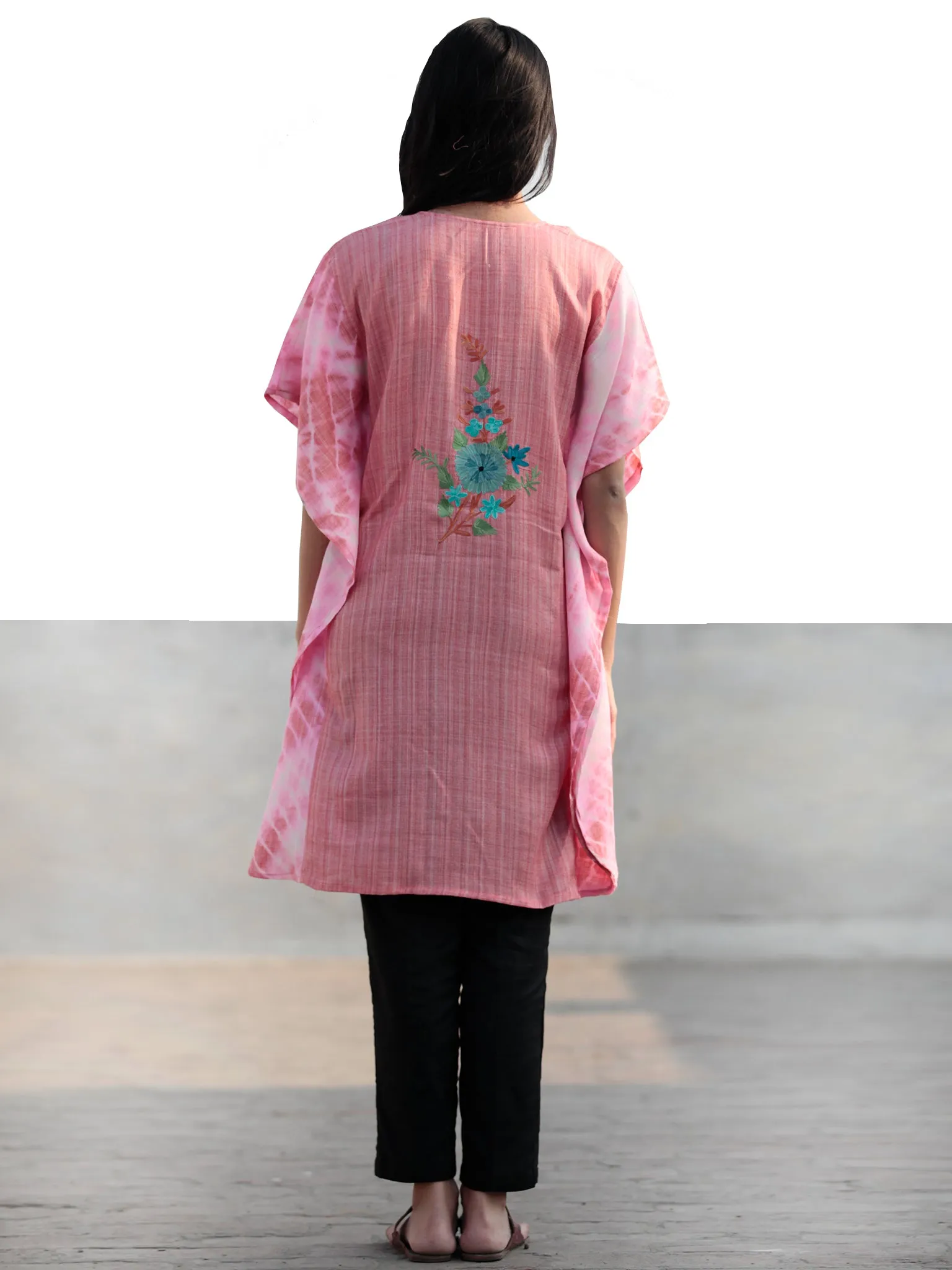 Pink Blue Green Rust Aari Embroidered Short Kashmere Kaftan  - K11K030
