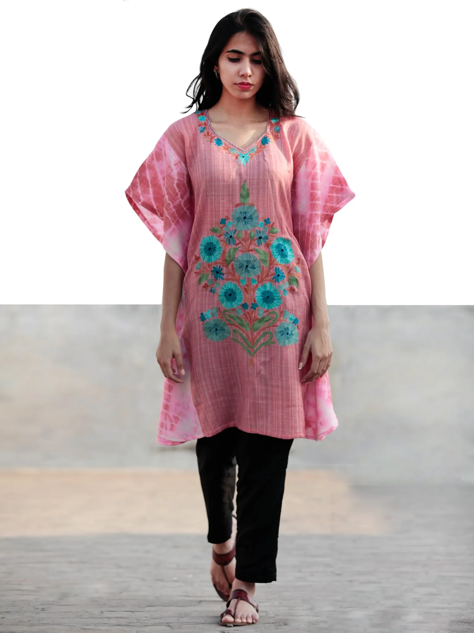 Pink Blue Green Rust Aari Embroidered Short Kashmere Kaftan  - K11K030