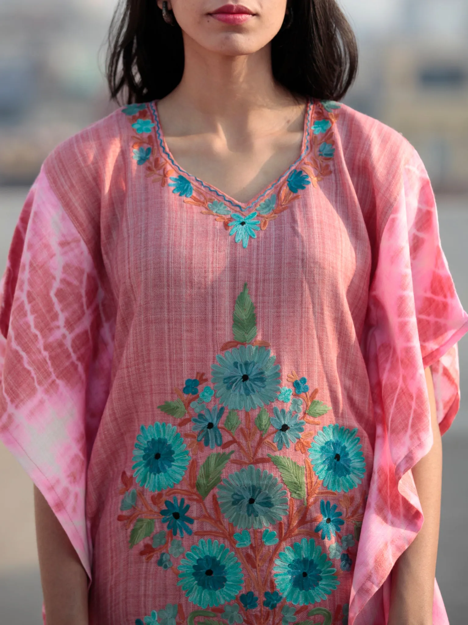 Pink Blue Green Rust Aari Embroidered Short Kashmere Kaftan  - K11K030