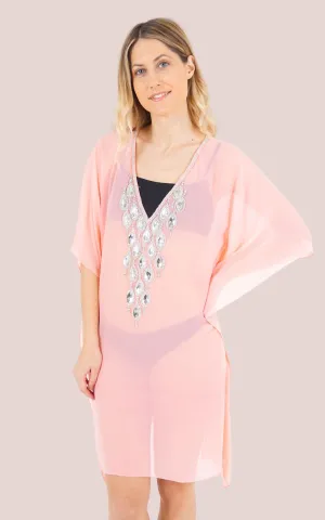 Pink Mesh Kaftan with Teardrop Crystal Detailing