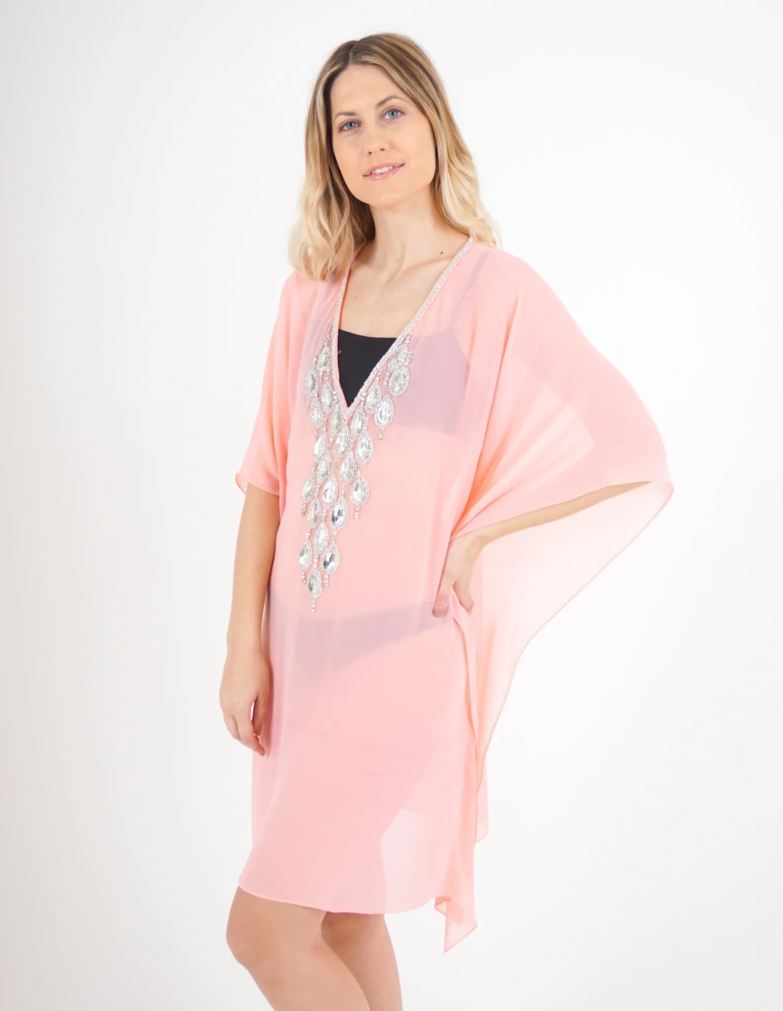 Pink Mesh Kaftan with Teardrop Crystal Detailing