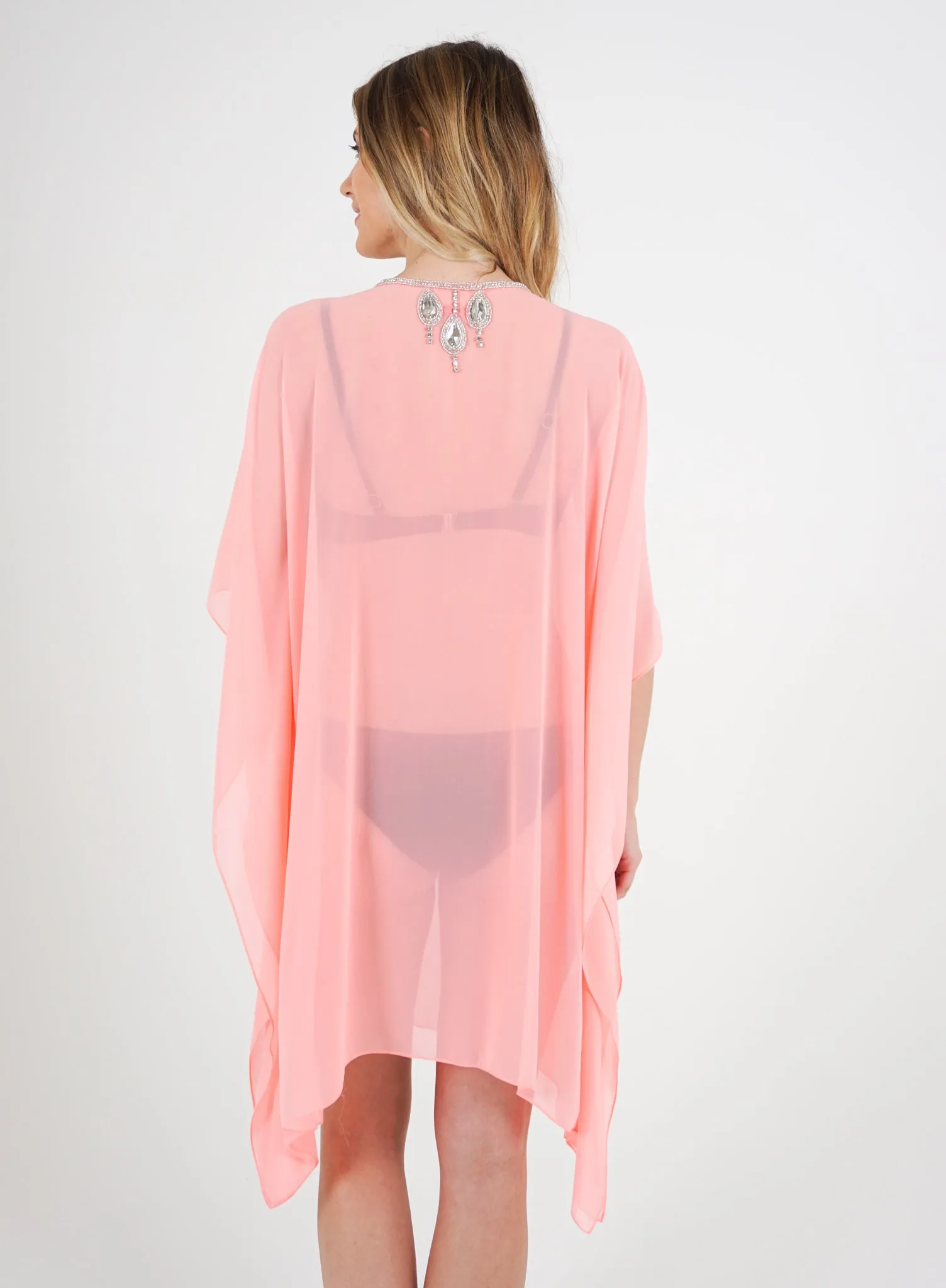 Pink Mesh Kaftan with Teardrop Crystal Detailing