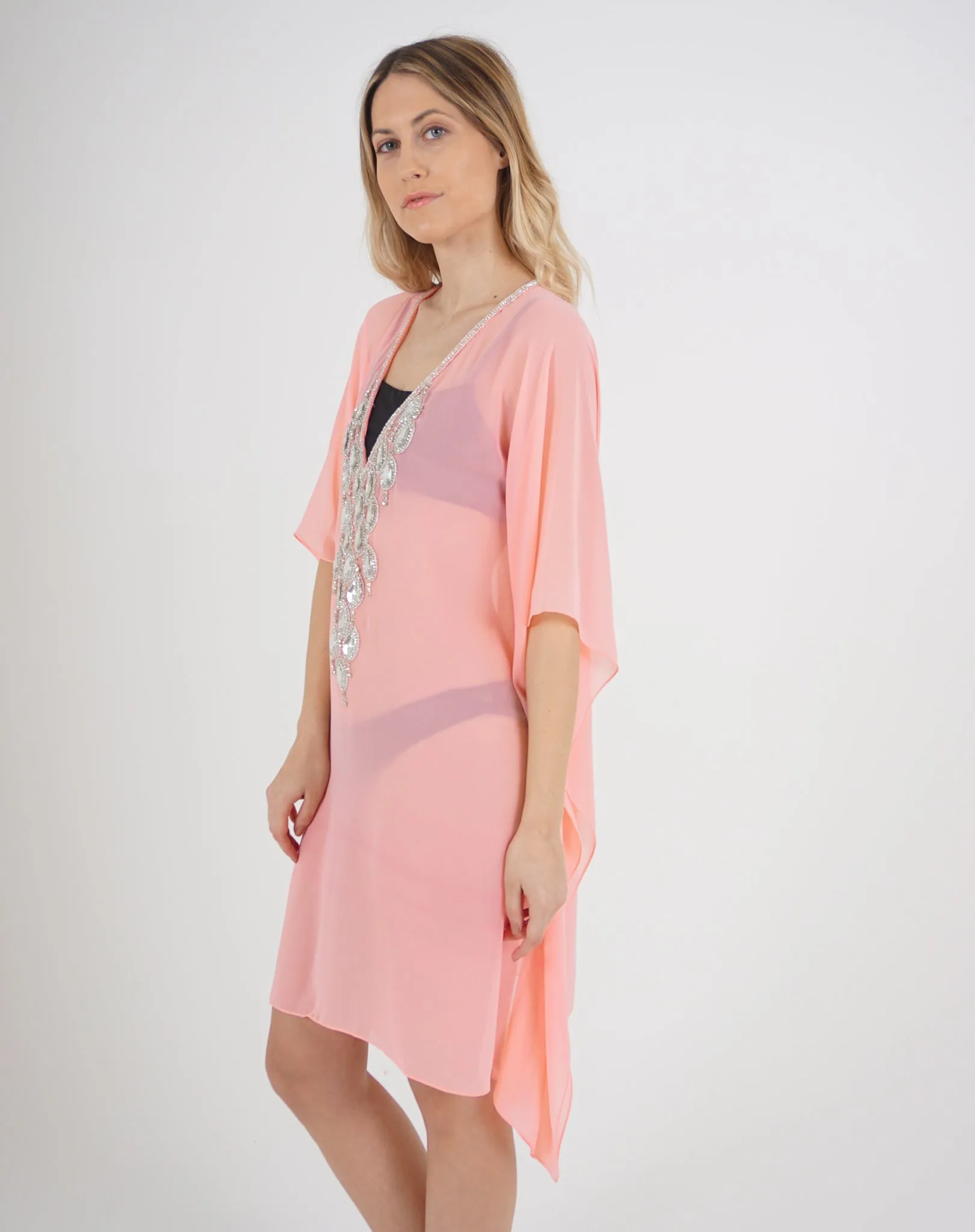 Pink Mesh Kaftan with Teardrop Crystal Detailing