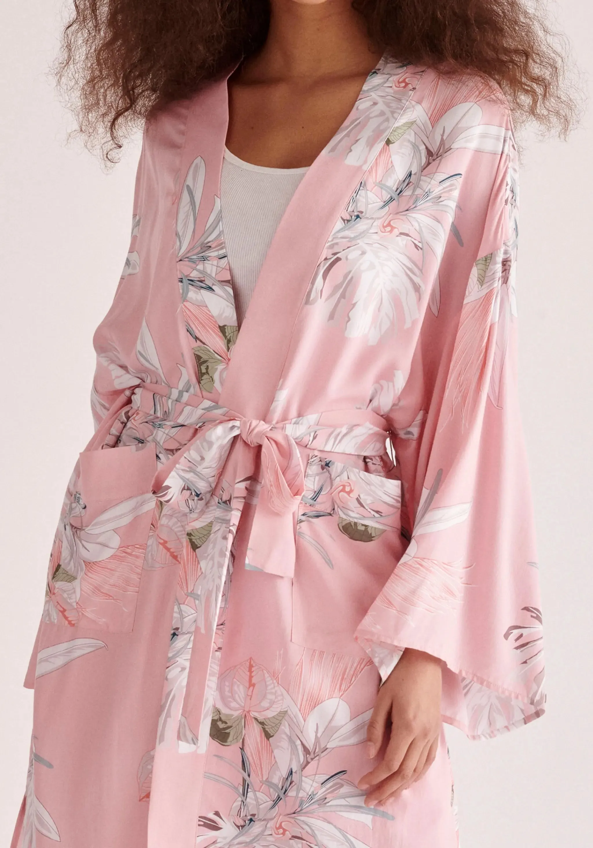 Pink, White and Green Floral Kimono Robe