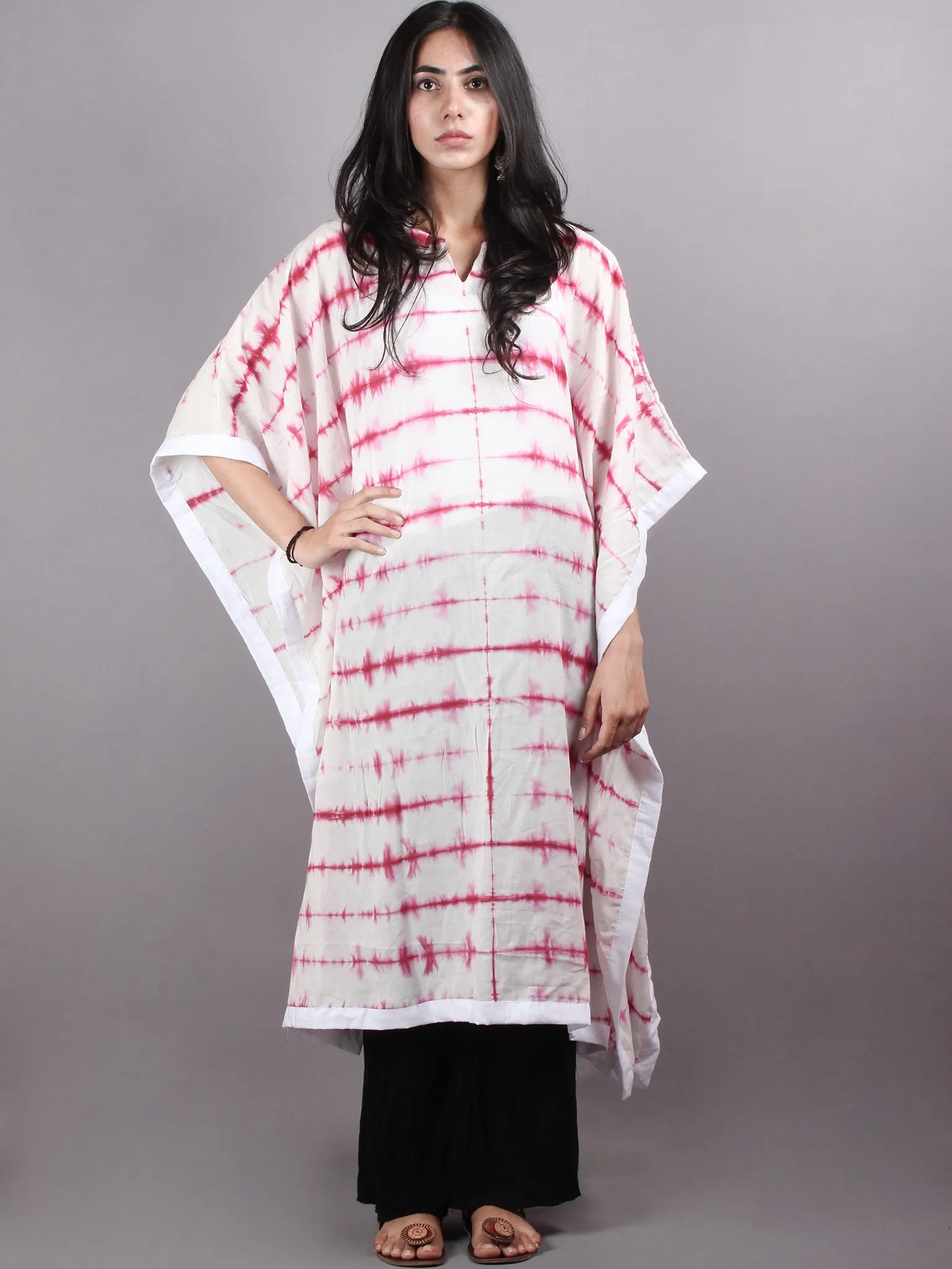 Pink White Hand Dyed in Natural Colors Kaftan With White Border - K1150F17