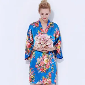 Satin Floral Blossom Robe Royal Blue